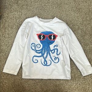 Kids White Long Sleeve Shirt with Blue Octopus Print